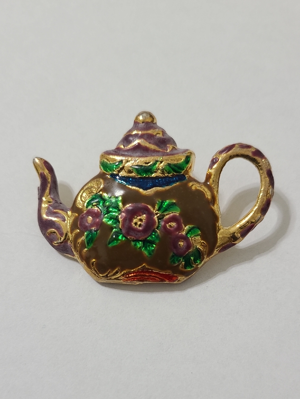 Vintage Style Teapot Brooch Gold Tone Colorful Enamel Floral Tea Pot Pin